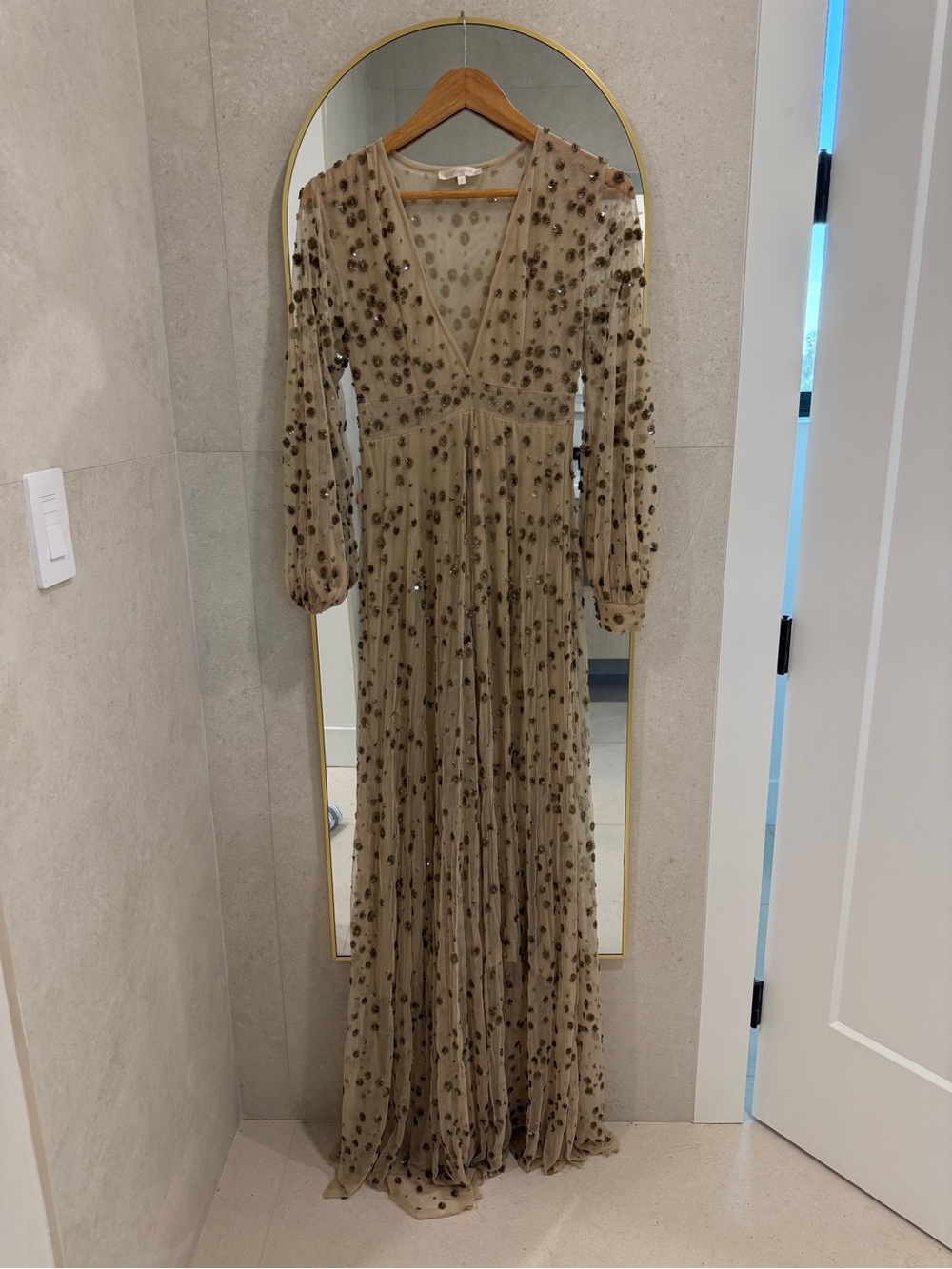 LoveShackFancy Taupe Sequin-Embellished V-Neck Maxi Dress - Like New
